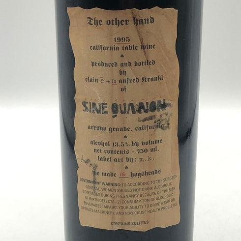 シネ クア ノン ジ アザー ハンド 1995 750ml 13.5% Sine Qua Non The Other Hand カリフォルニアワイン【L0】
