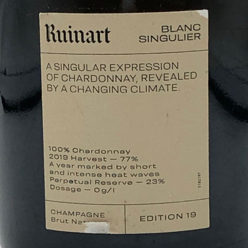 ルイナール ブラン サンギュリエ ブリュット ナチュール エディション19 750ml 12.5% Ruinart Blanc Singulier Edition 19 Brut Nature シャンパン【D4】