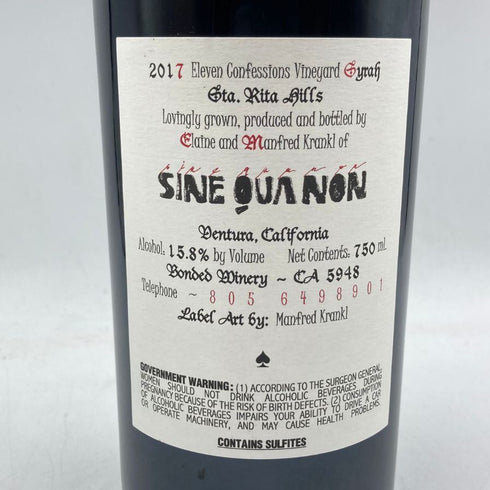 シネ クア ノン イレブンコンフェッションズ グルナッシュ 2017 15.5% 750ml Sine Qua Non “Eleven Confessions“ Grenache カリフォルニアワイン【L4】