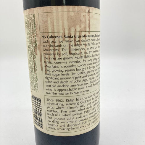 リッジ ヴィンヤーズ サンタクルーズ マウンテン カベルネ 1995 12.7% 750ml Ridge Santa Cruz Mountains Cabernet カリフォルニアワイン【U】