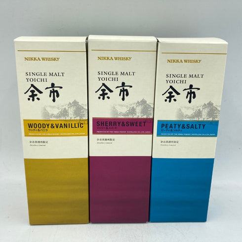 東京都限定◆ニッカ シングルモルト 余市 ウッディ&バニラ ピーティ&ソルティ シェリー&スイート 180ml 蒸溜所限定販売 3本セット NIKKA【E3】